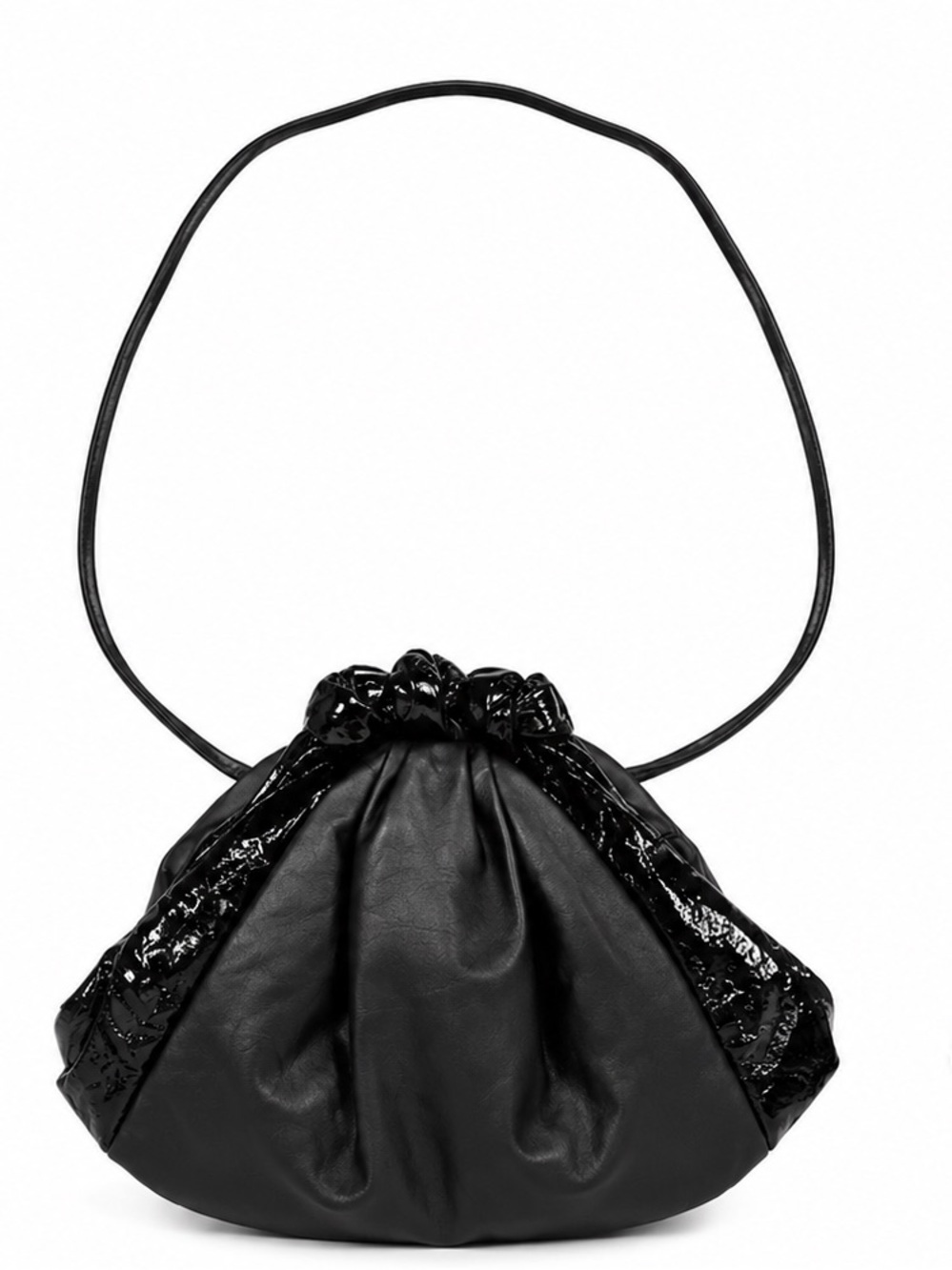 Vintage Black Leather Ruched Shoulder Bag Patent Leather Trim 90s Purse